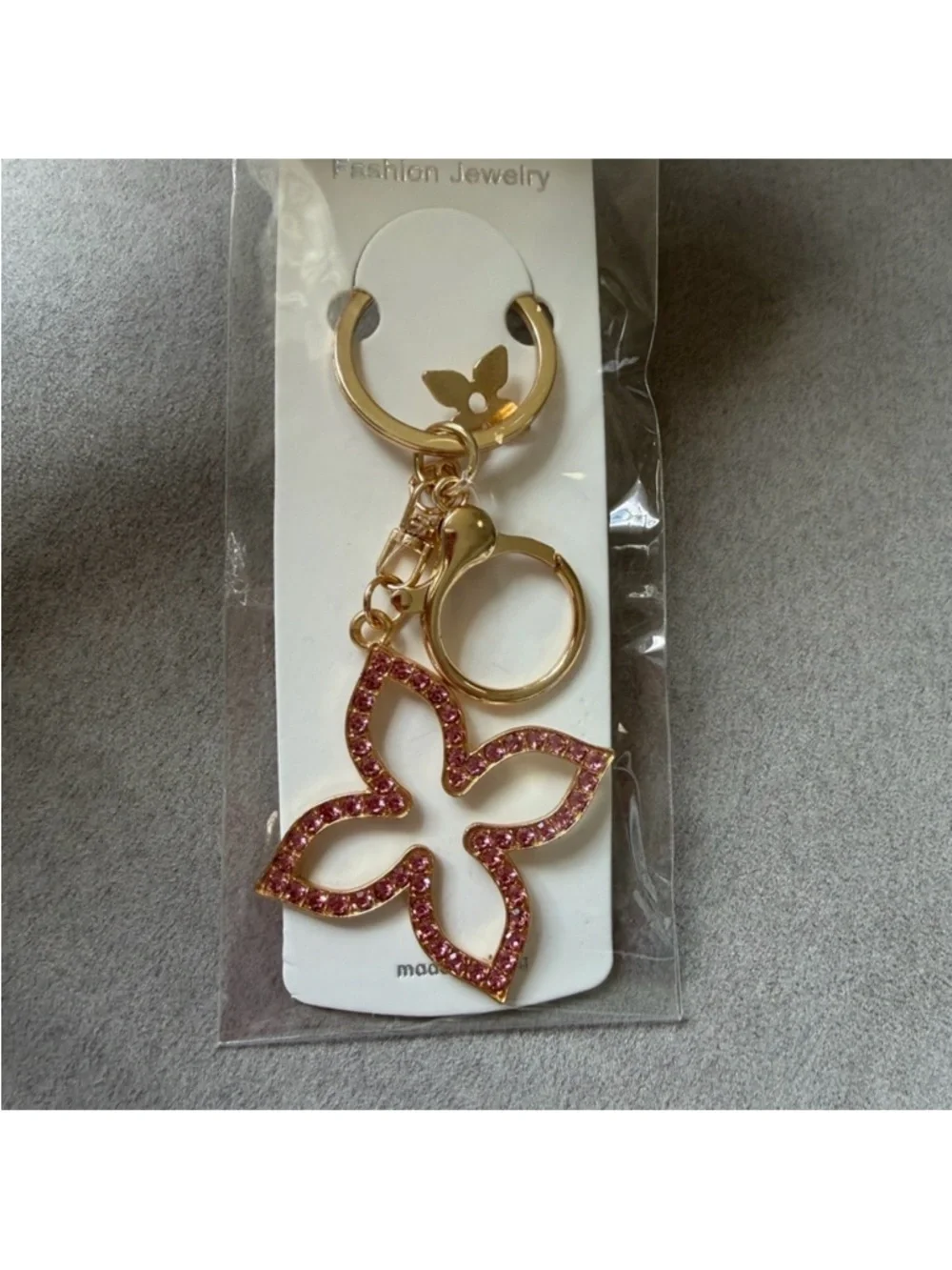 Gold-tone Pink Crystal Flower Keychain - Picture 2 of 2